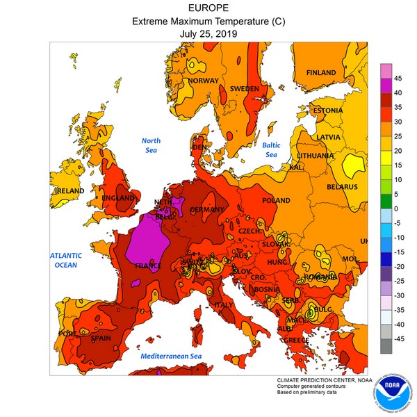 טמפרטורות מקסימום באירופה בתאריך 25 ביולי 2019