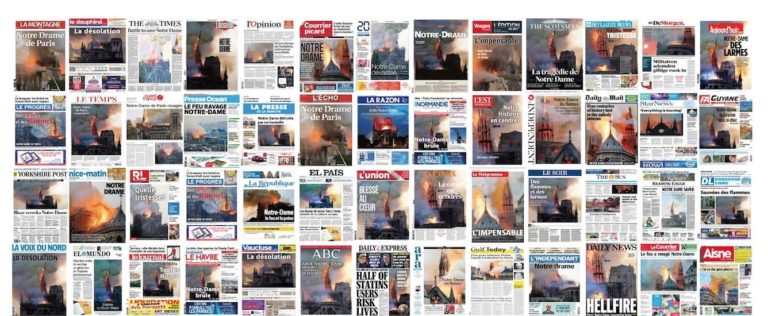 כותרות העיתונים ביום שאחרי שריפת הקתדרלה של נוטרדאם בפריז 15/04/2019