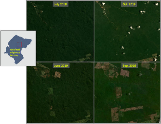 ביאור יערות (deforestation) בחבל איטונה בברזיל בשנים 2018-2019 תמונת לוויין