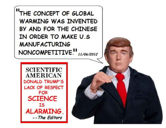 ציטטה של טראמפ: "ההתחממות הגלובלית היא המצאה" קריקטורה. מייק ליכט