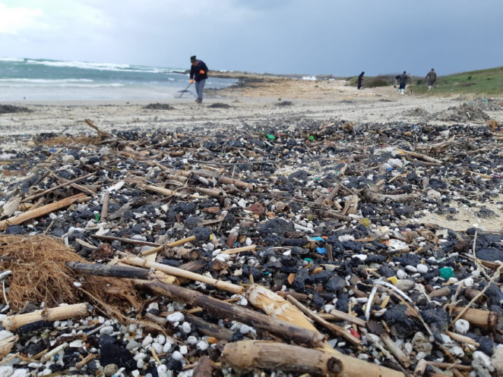 חוף זרוע גושי זפת בעקבות זיהום הים פברואר 2021 | רשות הטבע והגנים