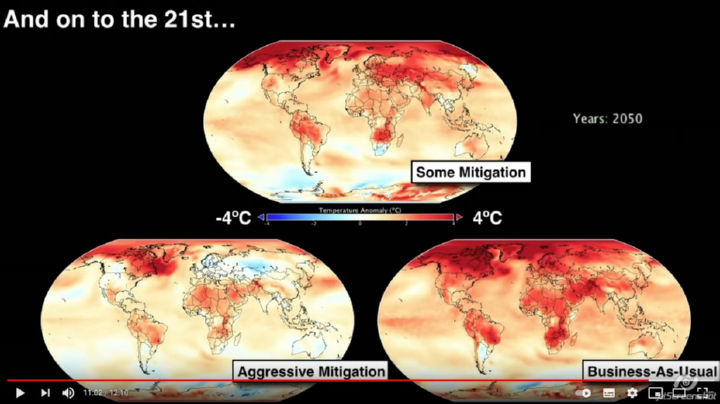 תחזית מודלים אקלימיים לשנת 2050 - שלוש חלופות: עם מיטיגציה (תכנית הפחתה) מסויימת, מיטיגציה אגרסיבית, עסקים כרגיל | צילום מסך מהרצאת TED שנתן גאוין שמידט