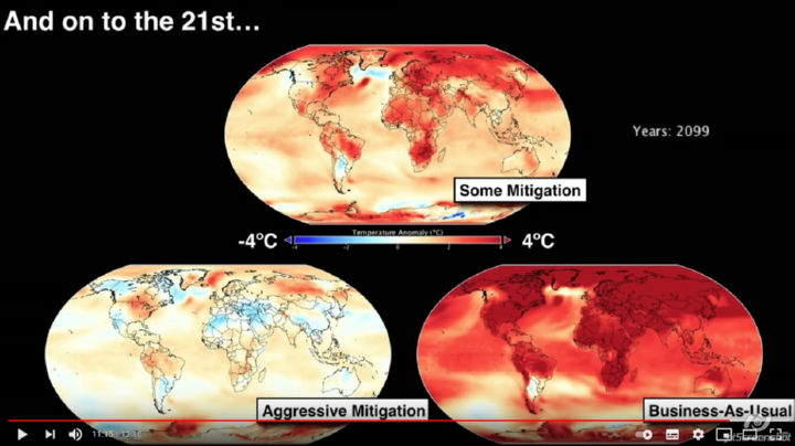 תחזית מודלים אקלימיים לשנת 2099 - שלוש חלופות: עם מיטיגציה (תכנית הפחתה) מסויימת, מיטיגציה אגרסיבית, עסקים כרגיל | צילום מסך מהרצאת TED שנתן גאוין שמידט