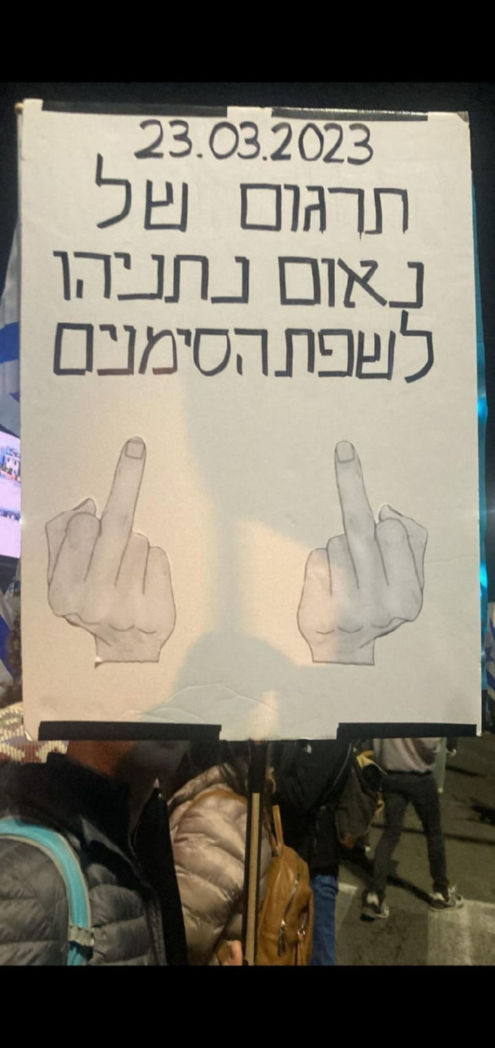 תרגום של נאום נתניהו לשפת הסימנים | שלט בהפגנה