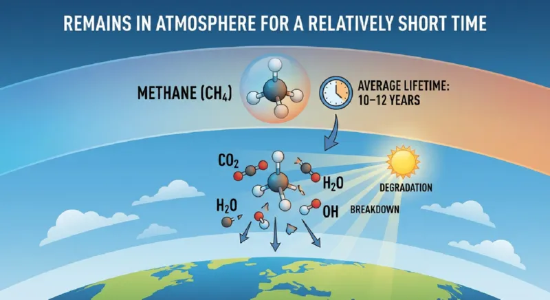 מתאן נשאר באטמוספירה זמן קצר יחסית, כ-10 עד 12 שנים בממוצע, ואז מתפרק.