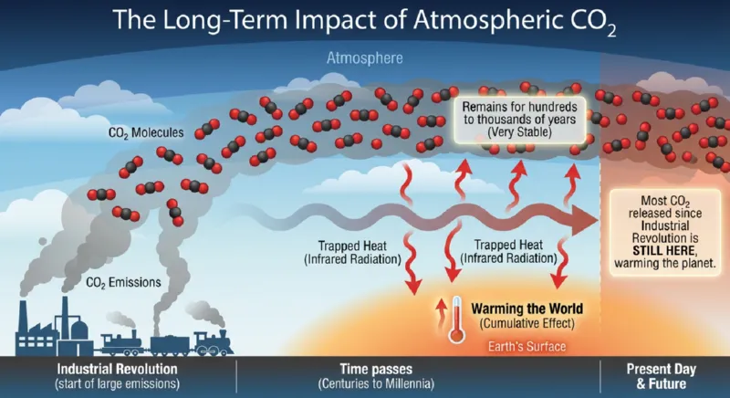 פחמן דו-חמצני (CO₂) יציב מאוד ונשאר באטמוספירה למשך **מאות ואף אלפי שנים**. רוב הפחמן ששחררנו מאז המהפכה התעשייתית עדיין נמצא באוויר ומחמם את העולם.
