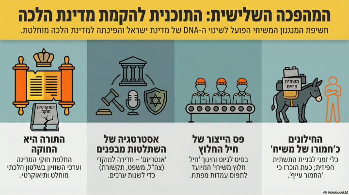 המהפכה השלישית: התכנית להקמת מדינת הלכה - מבוא. חשיפת המנגנון המשיחי הפועל לשינוי ה-DNA של מדינת ישראל והפיכתה למדינת הלכה מוחלטת