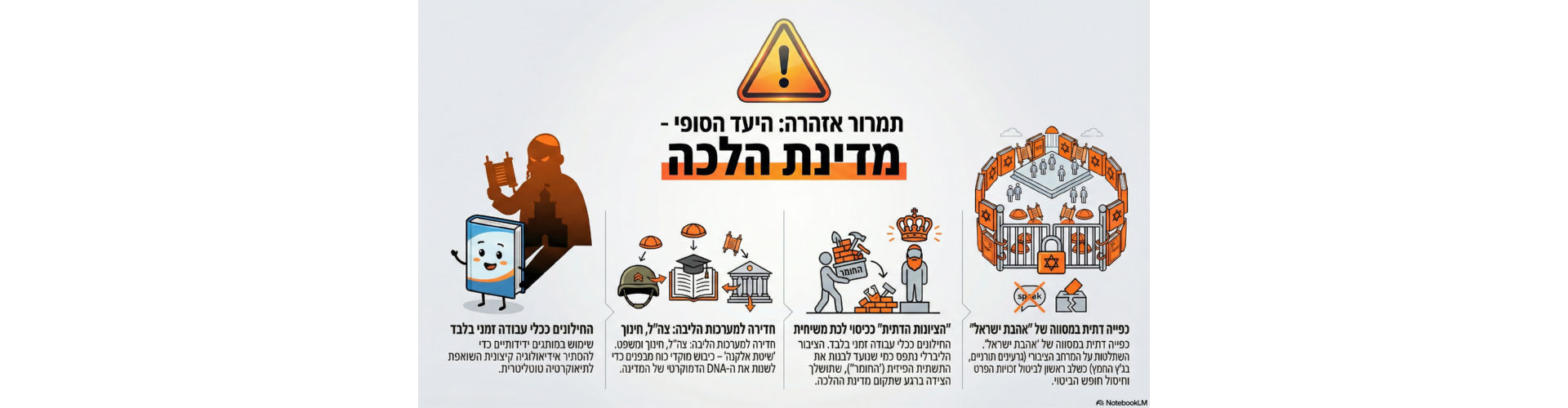 תמרור אזהרה: היעד הסופי - מדינת הלכה - החילונים ככלי עבודה זמני בלבד. חדירה למערכות הליבה: צה"ל, חינוך. "הציונות הדתית" ככיסוי לכת משיחית. כפייה דתית במסווה של "אהבת ישראל".