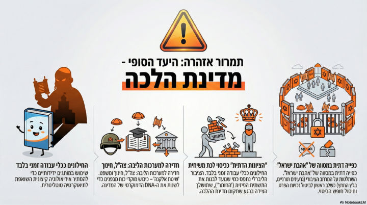 תמרור אזהרה: היעד הסופי - מדינת הלכה - החילונים ככלי עבודה זמני בלבד. חדירה למערכות הליבה: צה"ל, חינוך. "הציונות הדתית" ככיסוי לכת משיחית. כפייה דתית במסווה של "אהבת ישראל".
