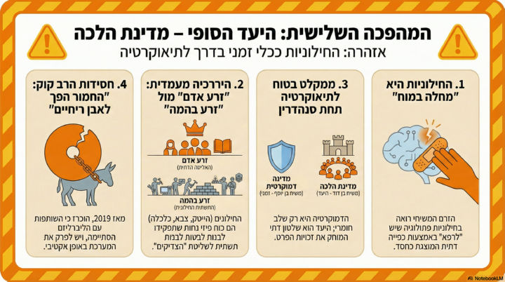 המהפכה השלישית | פרק 2 | היעד הסופי - מדינת הלכה | החילוניות היא "מחלה במוח" | ממקלט בטוח לתיאוקרטיה תחת סנהדרין |היררכיה מעמדית: "זרע האדם" מול "זרע בהמה" | חסידות הרבקוק: "החמור הפך לאבן ריחיים".
