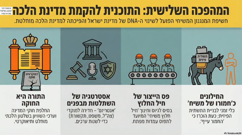 המהפכה השלישית: התכנית להקמת מדינת הלכה - מבוא. חשיפת המנגנון המשיחי הפועל לשינוי ה-DNA של מדינת ישראל והפיכתה למדינת הלכה מוחלטת