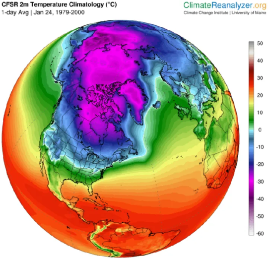 מפת מזג אוויר - ממוצע טמפרטורה 2 מטר מהקרקע, 24 בינואר 2026. האזור בצבע סגול - טמפרטורה של מינוס 30 צלזיוס