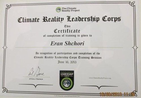 תעודת השתתפות בכנס ההכשרה של Climate Reality Leadership Corps, חתומה ע"י אל גור