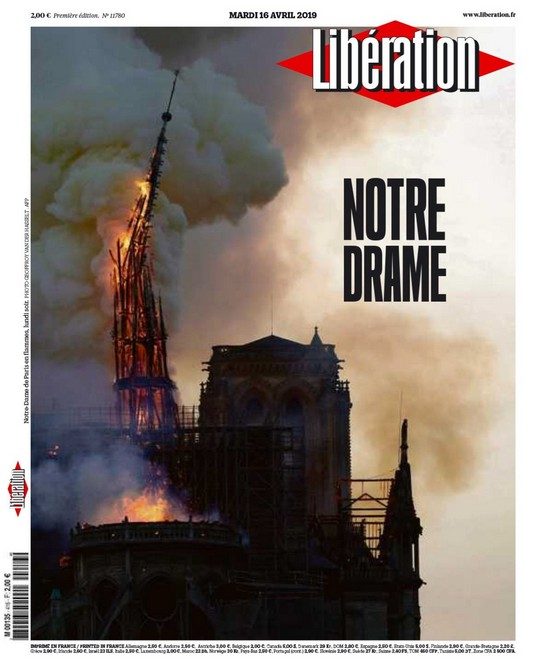 כותרת בעיתון הליברסיון מהתמוטטות הצריח של קתדרלת נוטרדאם בפריז 15/04/2019